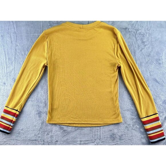 Lush Ribbed T-Shirt Top Women’s Size S Mustard Yellow Striped Cuffs Scoop Neck - Picture 4 of 16